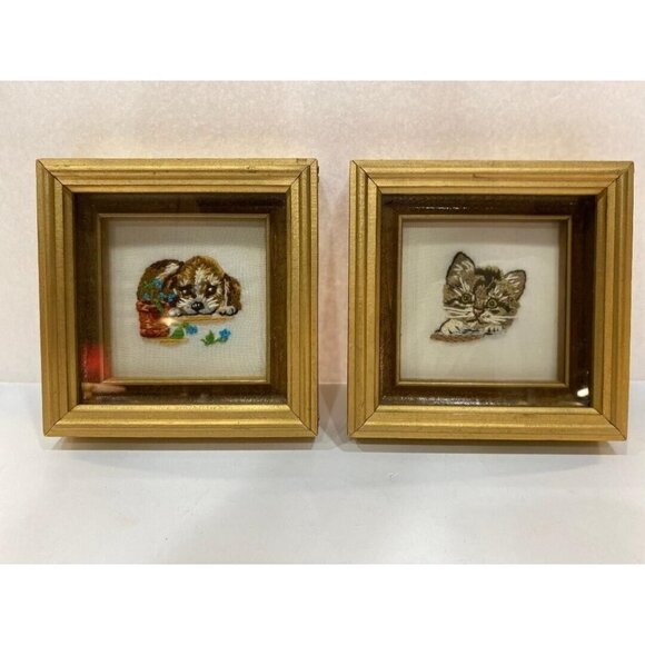 Adorable Vintage Puppy Dog Kitten Cat Shadow Box Framed Needlework Art Handmade - Picture 1 of 6